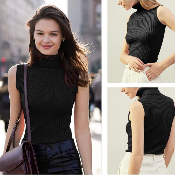 Women Sleeveless High Neck Turtleneck Stretchable Knit Sweater Top - Picture 3 of 5